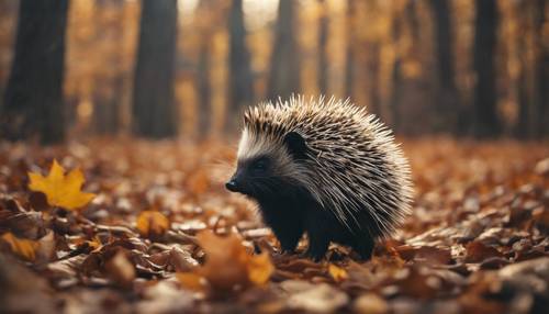 A small porcupine with sharp quills, exploring a forest floor covered with fallen autumn leaves.