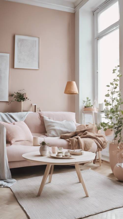Belo interior minimalista da sala de estar escandinava em cores pastel.