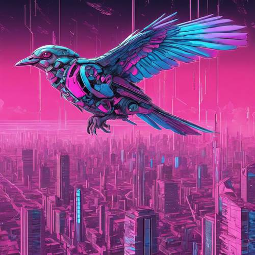 Seekor burung cybernetic berwarna merah muda dan biru terbang di atas lanskap kota distopia.