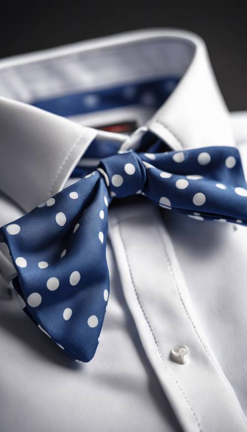 Uma gravata-borboleta esteticamente atraente com bolinhas azuis e brancas em uma camisa branca.