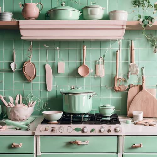 Una spaziosa cucina verde menta ispirata al kawaii piena di graziosi strumenti da cucina.