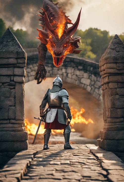 Un cavaliere medievale che combatte un drago sputafuoco su un ponte di pietra.
