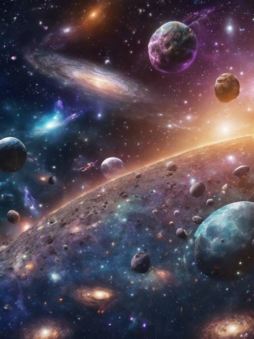銀河の仲間たちが浮かぶ宇宙の海を見渡せるパノラマ壁紙