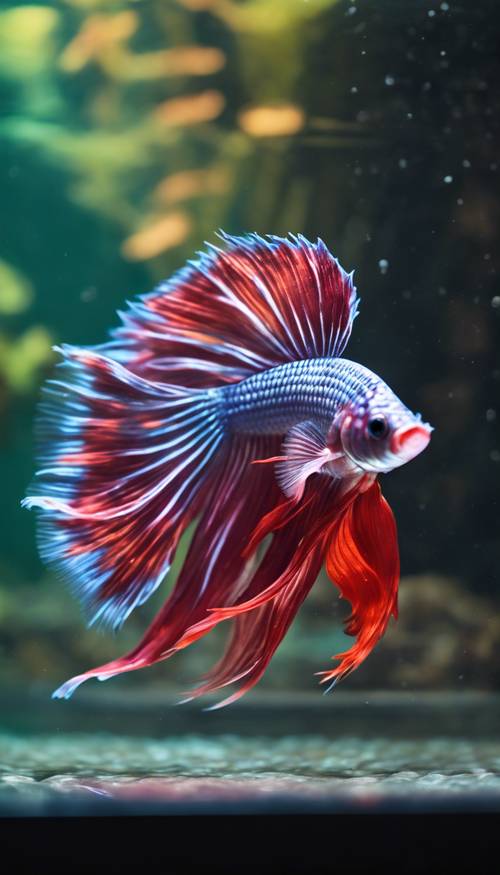 سمكة سيامية مقاتلة أنيقة تعرض زعانفها الطويلة الرشيقة وألوانها النابضة بالحياة في حوض أسماك نظيف ومضاء جيدًا.