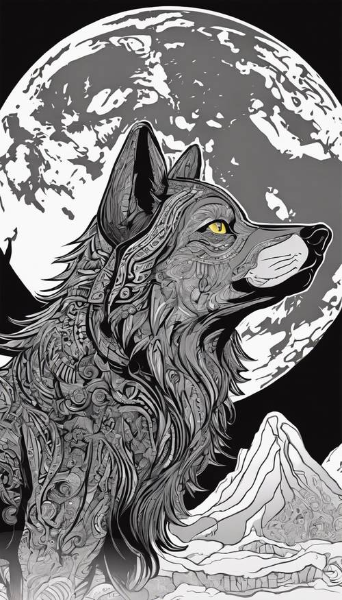 보름달 아래 울부짖는 늑대를 묘사한 복잡하게 디자인된 부족의 검은 만화입니다.