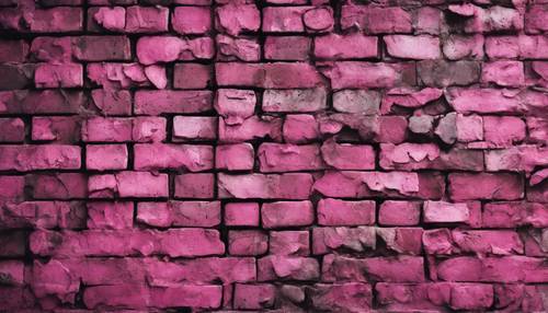 Un vieux mur de briques marbré éclaboussé de graffitis abstraits rose foncé.