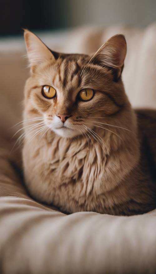 一隻米色的貓，金色的眼睛閃閃發亮，安靜地躺在毛絨墊上。