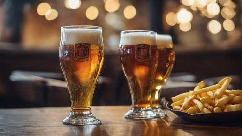 Genuine Belgian beer in traditional glassware, served with fries.