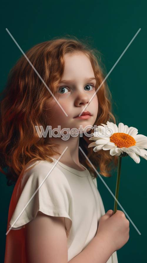 Curly Haired Girl with Daisy on Green Background