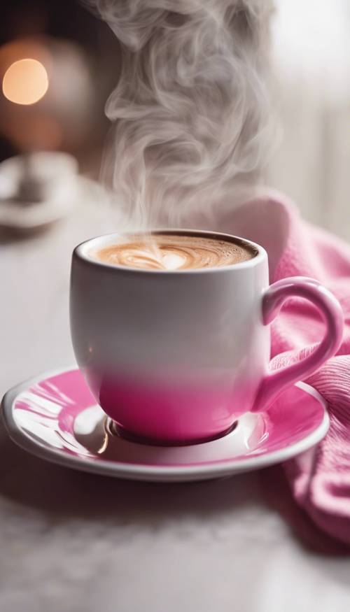 Eine Nahaufnahme einer Tasse heißen Kaffees mit einer sanften Ombre-Färbung aus Pink und klassischem Weiß.