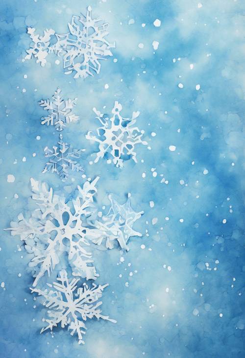 Сине-белые акварельные снежинки разбросаны по небесно-голубому холсту.