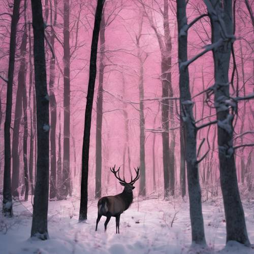Hutan musim dingin yang tenang dengan seekor rusa jantan, menciptakan bayangan di bawah cahaya senja merah jambu.