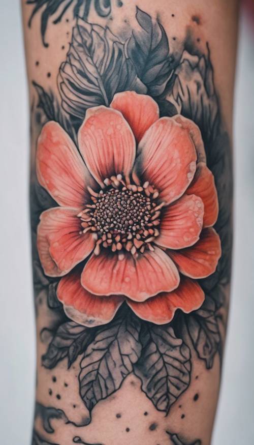 Татуировка кораллового цветка, художественно нанесенная на предплечье.