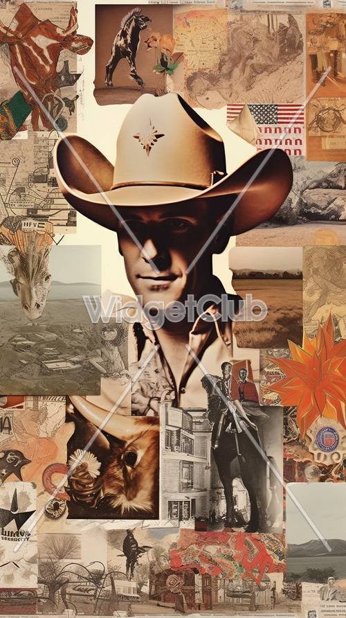 Cowboy con un cappello: sfondo artistico con collage in stile vintage