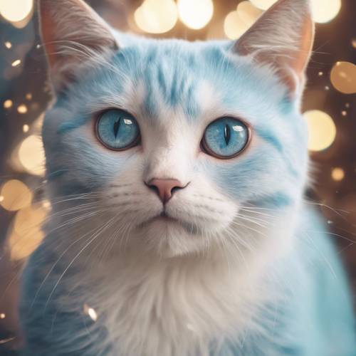 A pastel blue cat with big sparkling eyes in kawaii style.