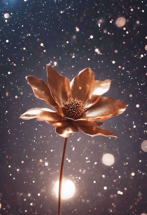 زهرة معدنية نحاسية تتفتح تحت سماء مليئة بالنجوم المتلألئة.