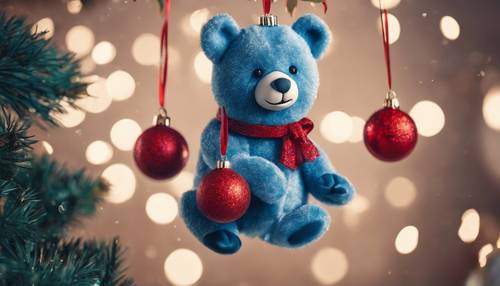 Un&#39;immagine a tema natalizio di un orso blu con ornamenti rossi appesi alle orecchie.