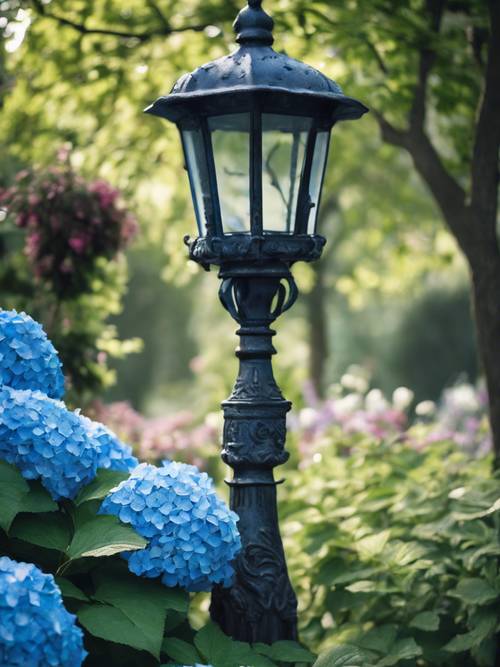 Blue hydrangeas enveloping the base of a rustic garden lamp post.