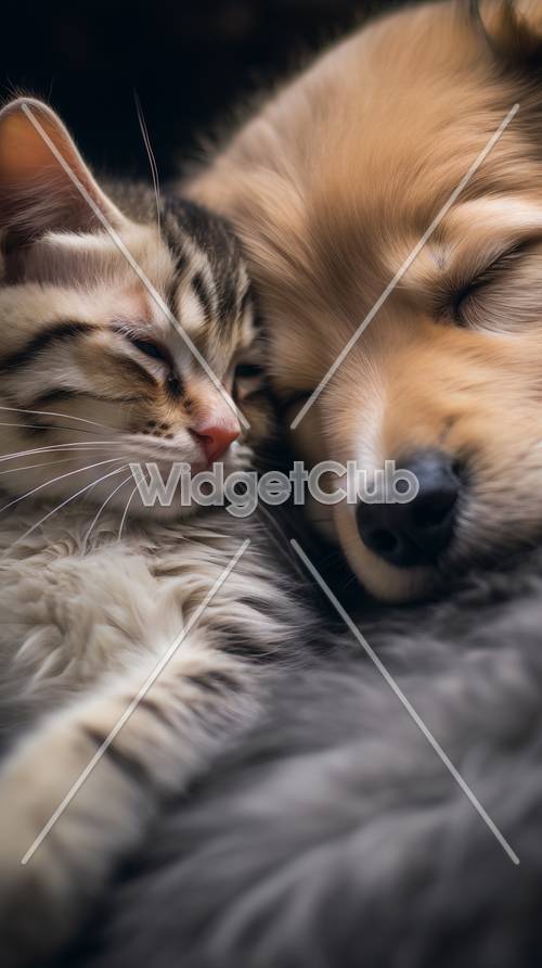 Przytulny kot i pies przytulają się do siebie