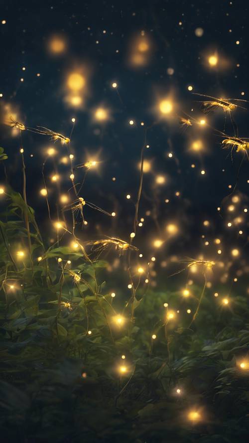 Twinkling fireflies lighting up a calm June night, the landscape alive with their rhythmic glow.