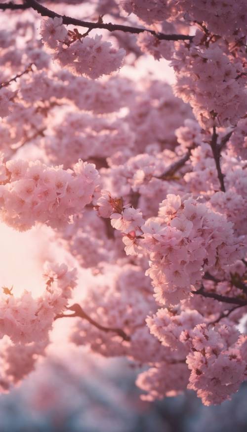 Ein Kirschblütenbaum in voller Blüte im sanften rosa Licht der Dämmerung.