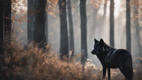 Uma paisagem noturna tranquila com um lobo preto impressionante, uma citação sobre solidão combinando perfeitamente com a cena.