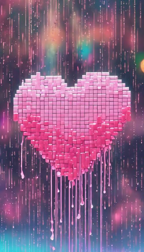 A digital art of a pixelated heart dripping with pastel rain on a retro game screen