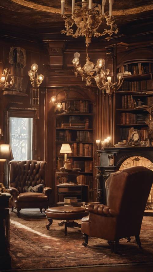 A cozy locked-room mystery scene with a grand library, a roaring fireplace, a circle of chairs, and a detective pondering over clues.
