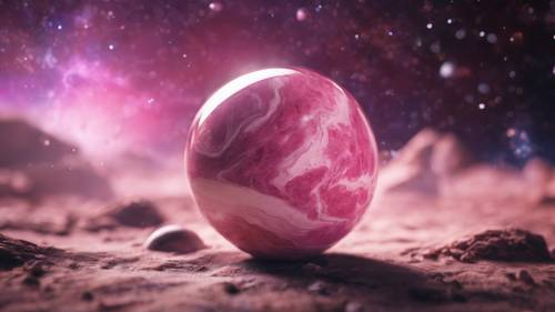 Planet marmer merah muda kecil di pemandangan luar angkasa.