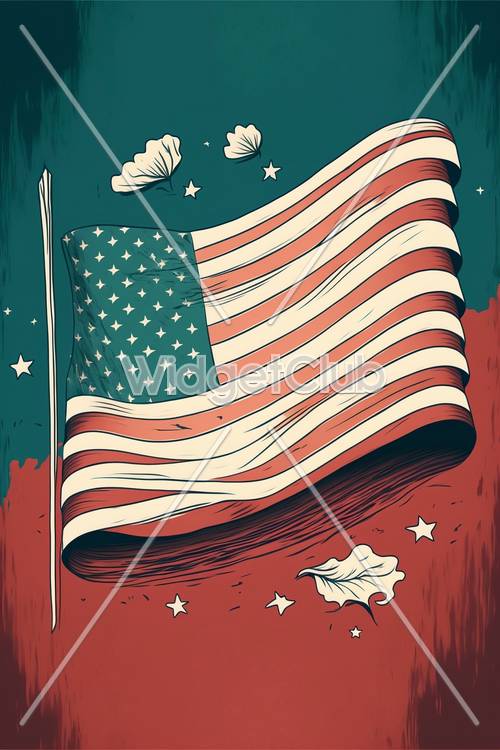 Bendera Amerika di Angin dengan Bintang dan Awan