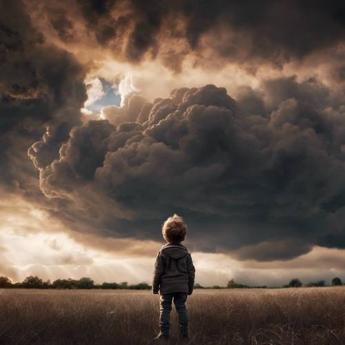 ילד מביט ביראת כבוד בשמים מלאים בעננים גדולים, צפים, חומים כהים.
