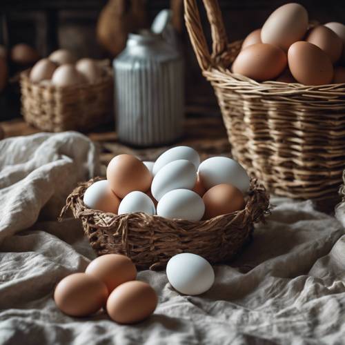 A farm kitchen scene with a basket of eggs on a crumpled linen cloth.