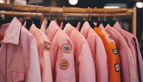 粉色和橙色的校队夹克挂在一家学院风复古服装店的衣架上。