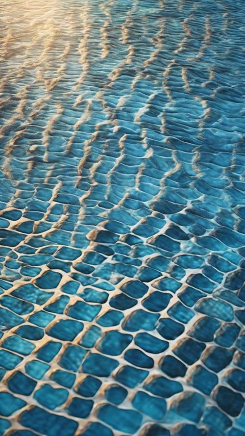 Mosaico de piso exibindo um impressionante gradiente de azuis oceânicos, que lembra as ondas batendo na praia.
