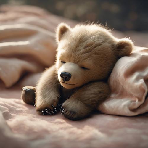 Um bebê urso adormecido, pintado suavemente em um estilo minimalista e politicamente atraente.