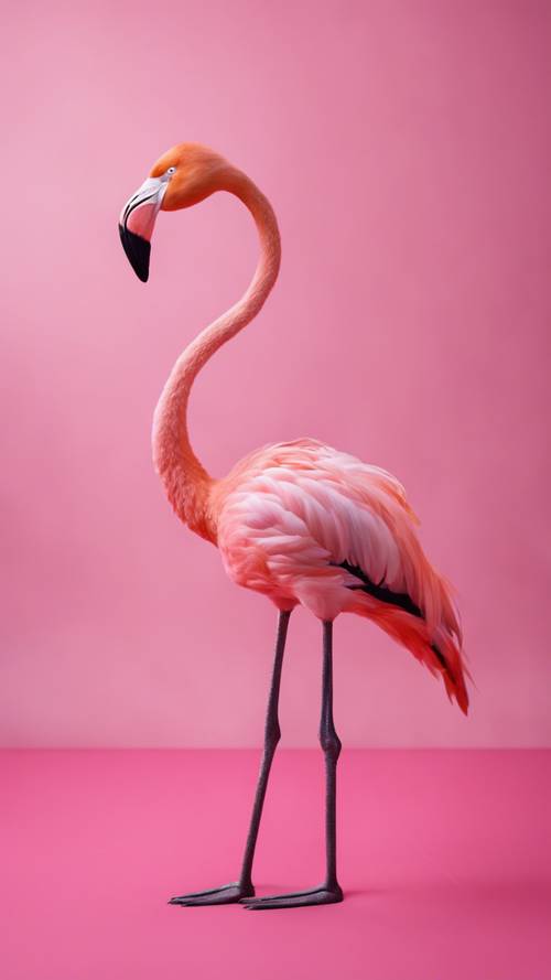 Parlak pembe tülün üzerinde tek bacaklı duran bir flamingo.