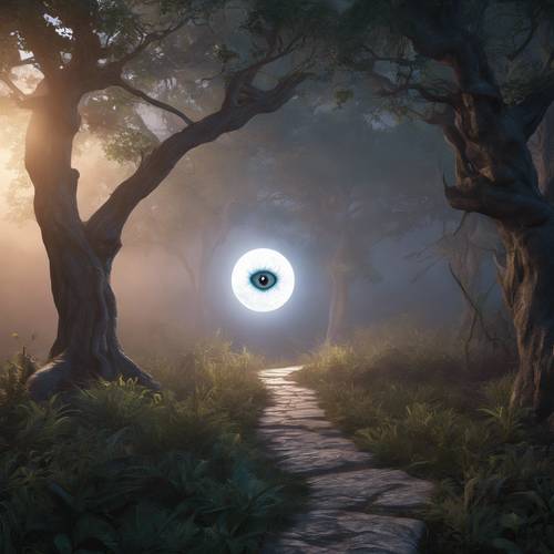 A luminescent 3D evil eye, watching over a misty forest path under a full moon.