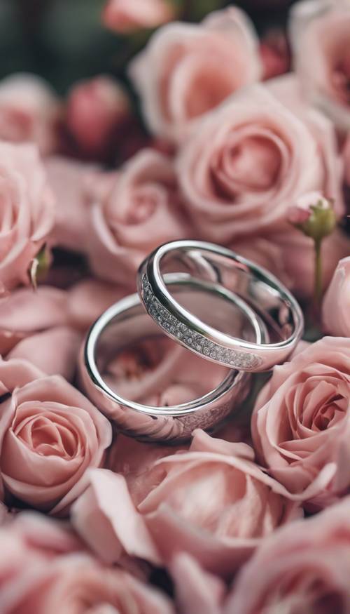A romantic scene of silver wedding bands intertwined on a bed of roses Tapet [3b17c714c78249678a24]