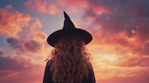 Şeker renkli gün batımı gökyüzünün üzerinde uçan sevimli şapkalı bir cadı.