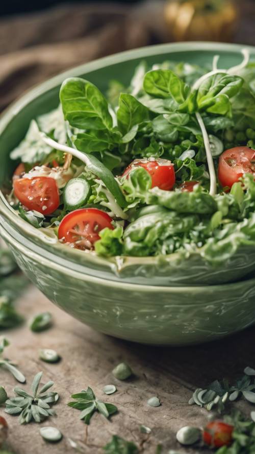 Eine Nahaufnahme des wunderschönen Musters auf einer Salbeigrün-Keramikschüssel gefüllt mit frischem Salat.