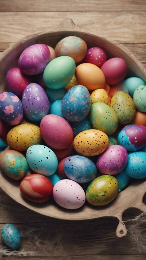 Panci kukus berisi telur Paskah berwarna-warni dengan desain berbintik-bintik, di atas meja kayu.
