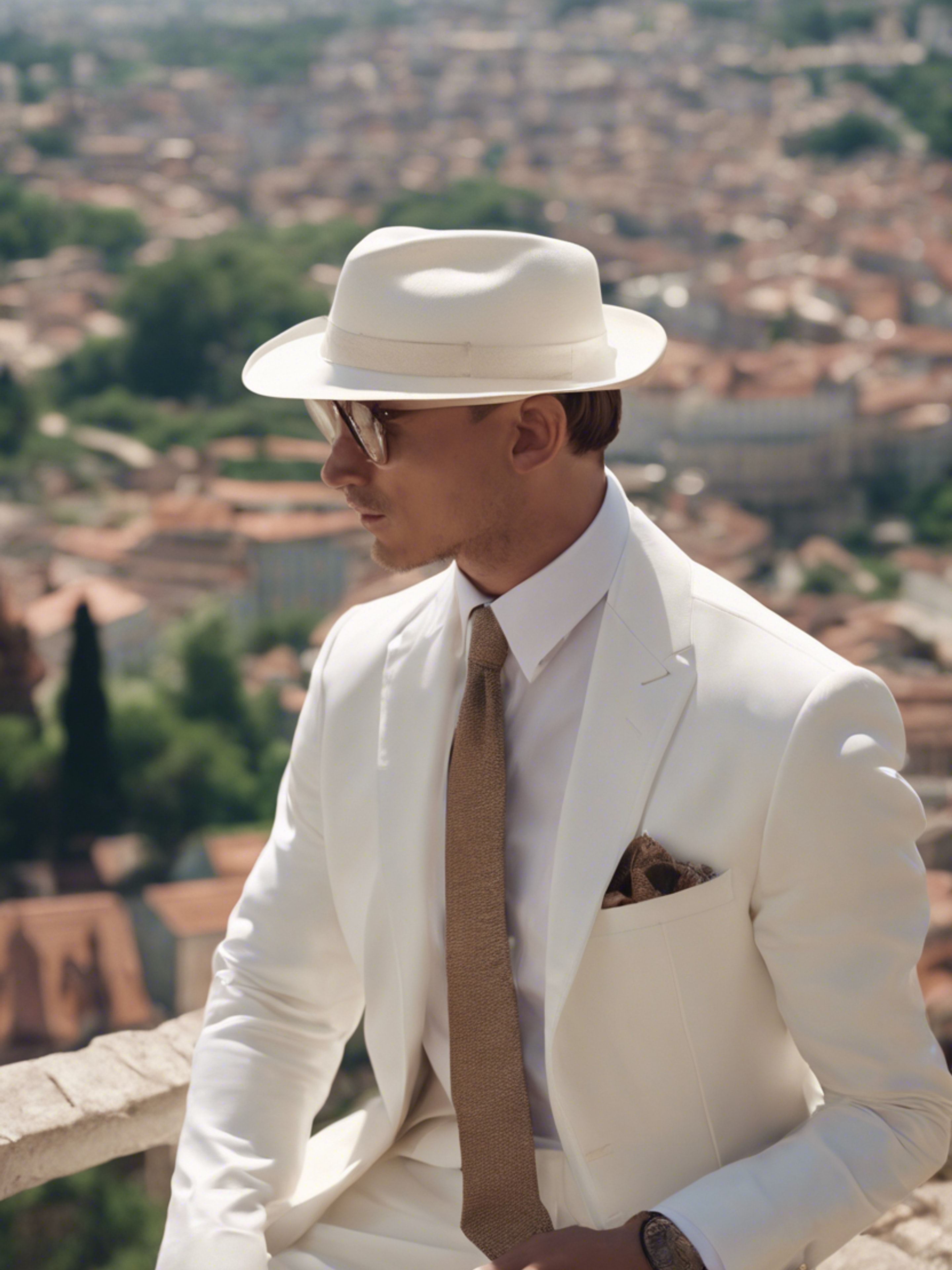 A scenic shot of a preppy man in an immaculate white suit and Panama hat, overlooking an old town from a hill during summer. Wallpaper[792f605c48474f4281e4]