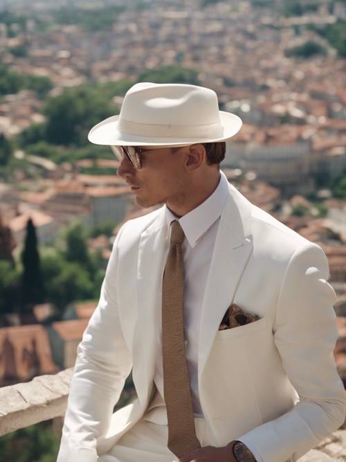 Una toma panorámica de un hombre de muy buen gusto con un traje blanco inmaculado y un sombrero panamá, contemplando un casco antiguo desde una colina durante el verano.