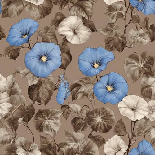 Vintage wallpaper design of nostalgic blue morning glories against a coffee brown backdrop.
