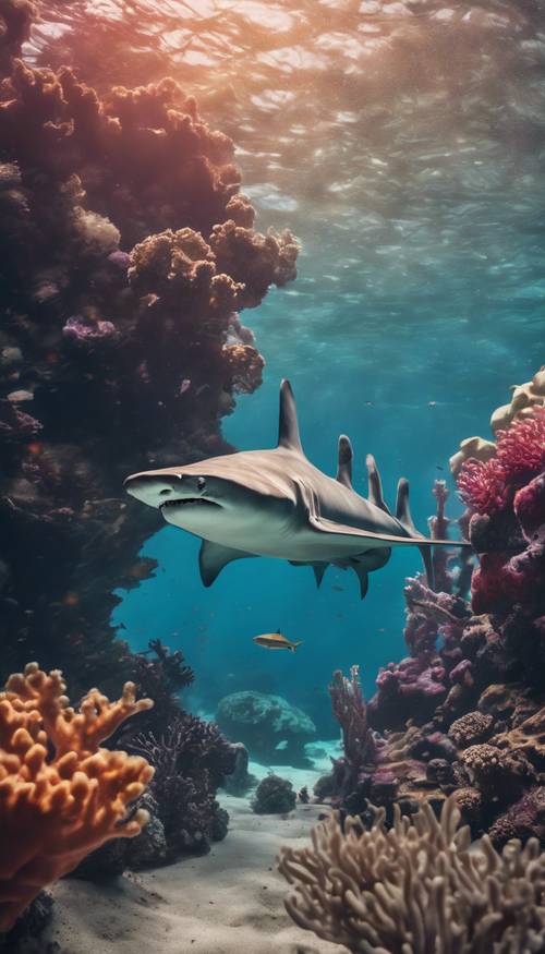 A solitary hammerhead shark passing silently through a colorful coral reef in the ocean's twilight zone.