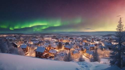 Uma vista tranquila do horizonte de uma cidade velha cercada de neve, sob a aurora boreal.