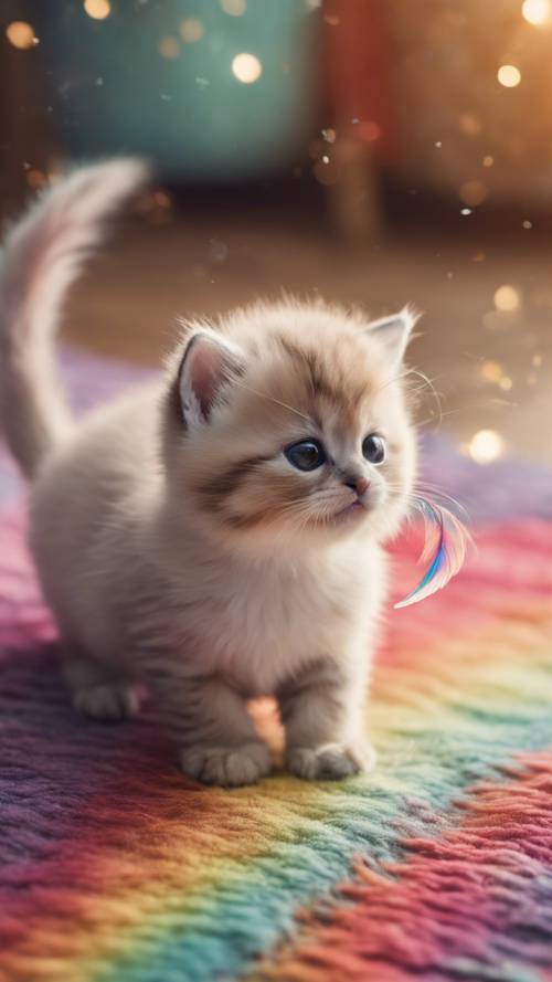 A Munchkin kitten with its short legs and fluffy fur, playing merrily with a feather on a rainbow-colored rug.