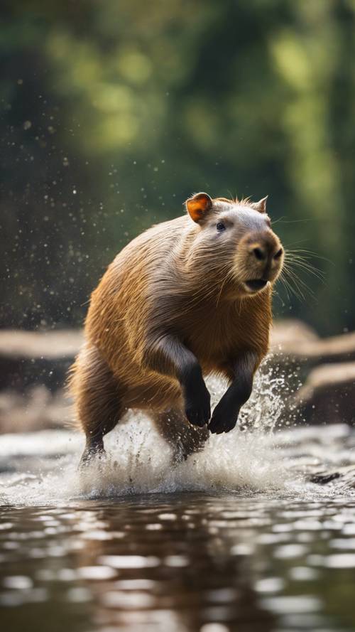 A capybara captured mid-leap across a stream, showcasing its agility.