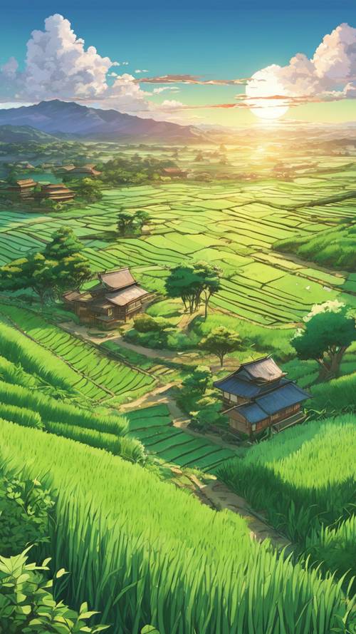 Uma idílica paisagem de anime rural com arrozais verdes e um sol nascente.