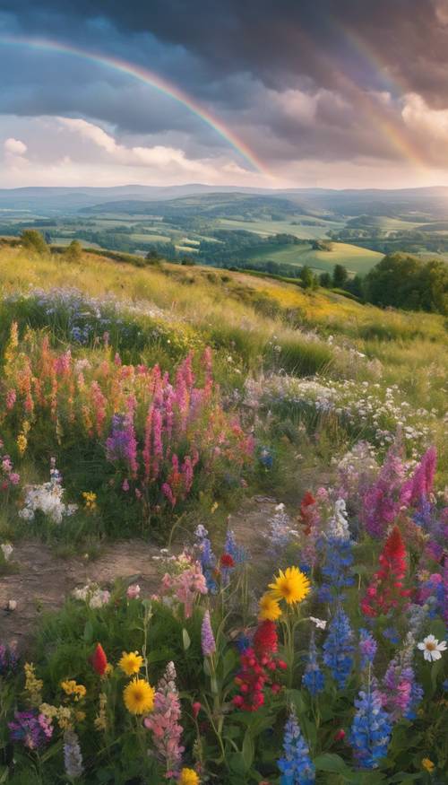 Uma vista panorâmica de uma paisagem montanhosa coberta por um arco-íris de flores silvestres.